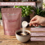 Kollagen Puder in einer Tasse, zubereitet mit Anleitung zur einfachen Nutzung und optimaler Bioverfügbarkeit.