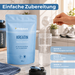 Kreatin Pulver in Pulverform von Vitalplant wird einfach in Wasser gerührt und trinkfertig zubereitet.