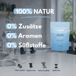 Kreatin Pulver - 100% Natur mit 0% Zusätzen, 0% Aromen, 0% Süßstoffen von Vitalplant in einem Sportumfeld.