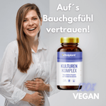 Frau mit Kultur Komplex Kapseln, die für Darmgesundheit und 100% vegane Unterstützung stehen.