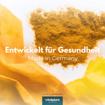 Kurkuma-Pulver auf buntem Hintergrund, entwickelt für Gesundheit, Made in Germany.