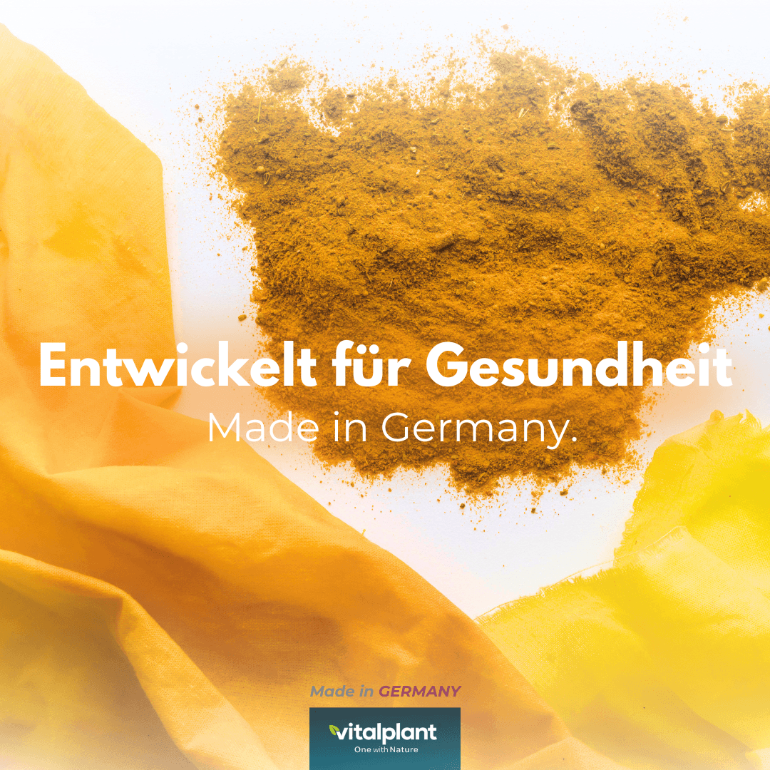 Kurkuma-Pulver auf buntem Hintergrund, entwickelt für Gesundheit, Made in Germany.