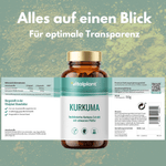 Kurkuma Kapseln von Vitalplant für optimale Transparenz und natürliche Stärke, mit schwarzem Pfeffer.