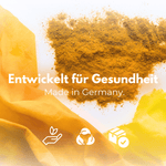 Kurkuma Kapseln - Gelbes Kurkuma Pulver auf Stoff, entwickelt für Gesundheit, Made in Germany.