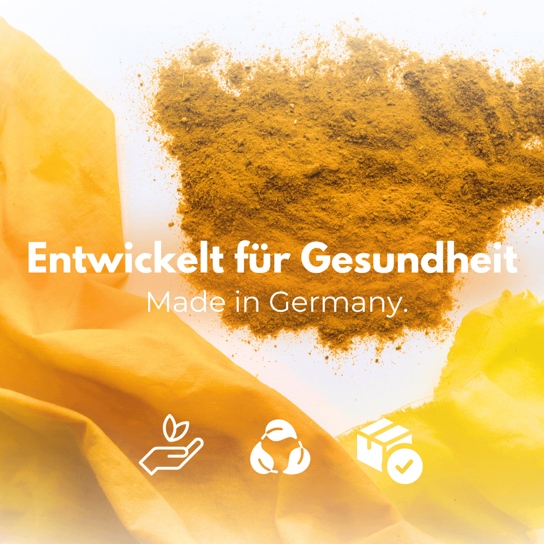 Kurkuma Kapseln - Gelbes Kurkuma Pulver auf Stoff, entwickelt für Gesundheit, Made in Germany.