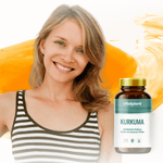 Frau mit Kurkuma Kapseln von vitalplant, die die Vorteile von Kurkuma Kapseln präsentiert.