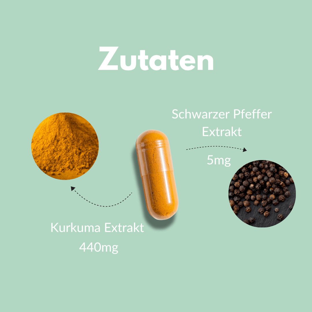 Kurkuma Kapseln mit 440mg Kurkuma Extrakt und 5mg Schwarzer Pfeffer Extrakt zur optimalen Aufnahme.