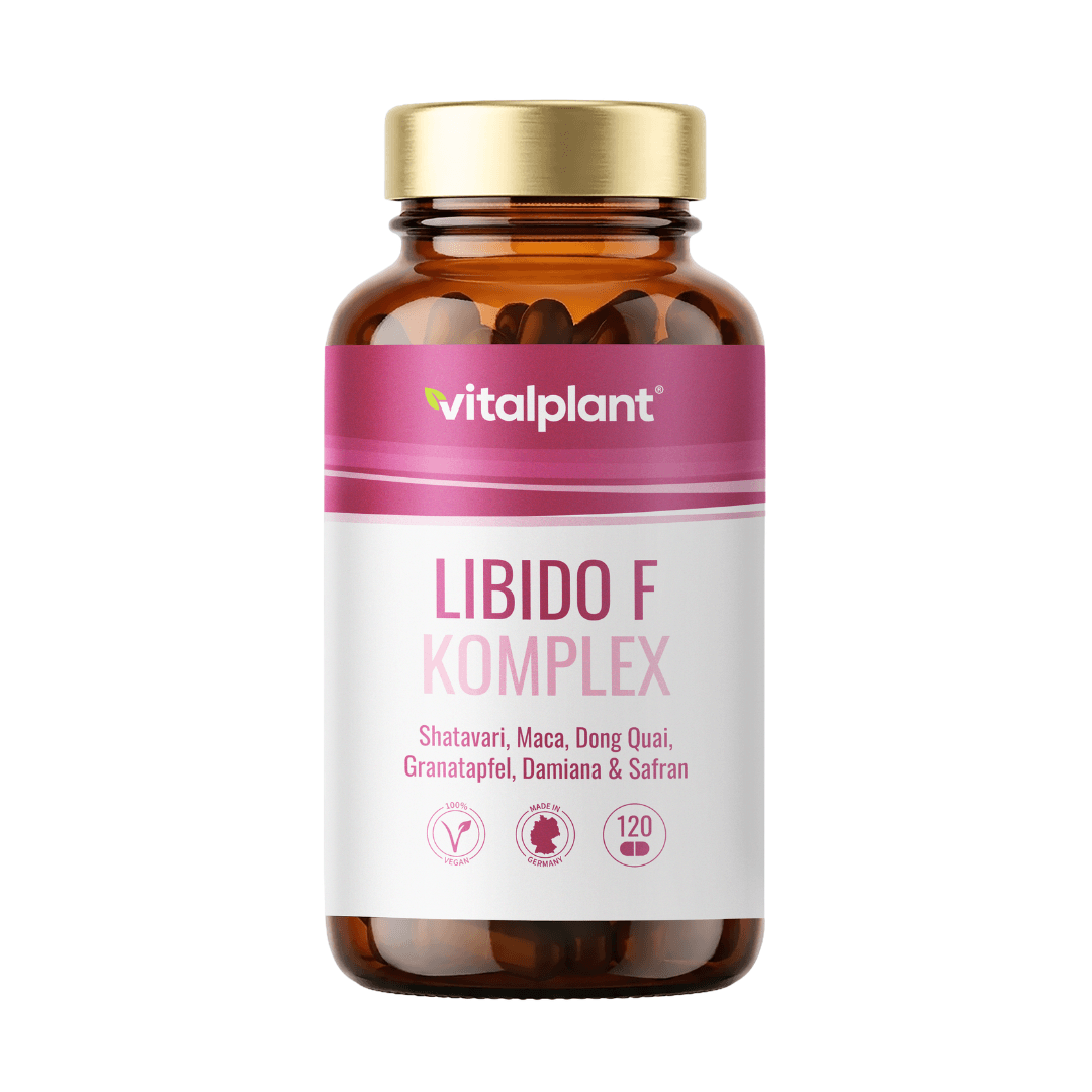 Libido Komplex von Vitalplant in Glasflasche mit pflanzlichen Inhaltsstoffen für weibliche Vitalität.