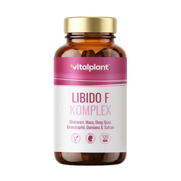 Libido Complex by Vitalplant in a glass bottle with plant-based ingredients for female vitality.