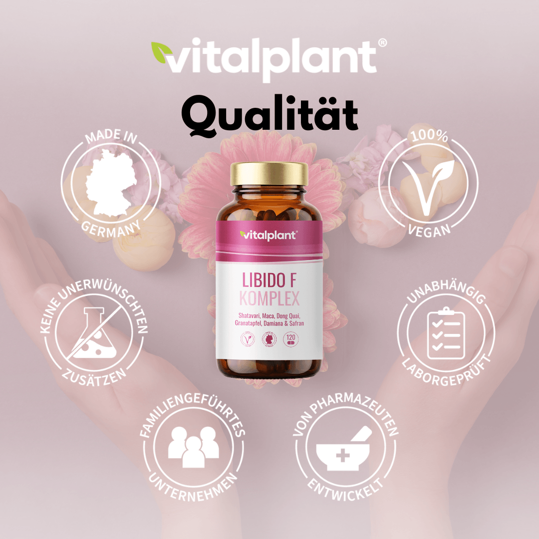 Libido Complex by Vitalplant for female vitality, vegan and free from unwanted additives, quality from Germany.
