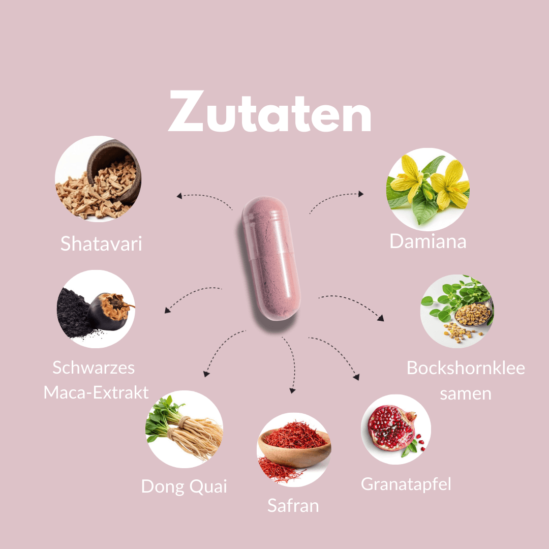 Libido Komplex für Frauen – Zutaten wie Shatavari, schwarzes Maca-Extrakt, Dong Quai, Safran, Damiana, Granatapfel.