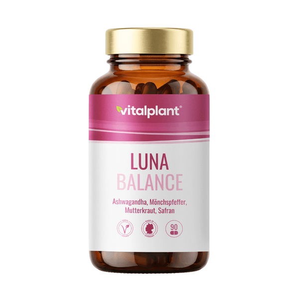 LUNA BALANCE Kapseln von Vitalplant für natürliche Balance im weiblichen Zyklus, enthalten Ashwagandha und Mönchspfeffer.