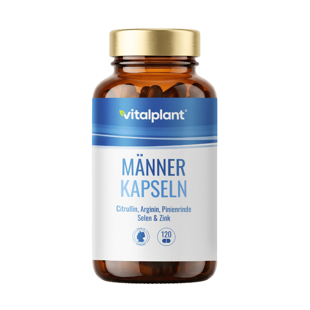 Männer Kapseln von Vitalplant in Glasflasche, 120 Kapseln mit Citrullin, Arginin, Pinienrinde, Selen und Zink.