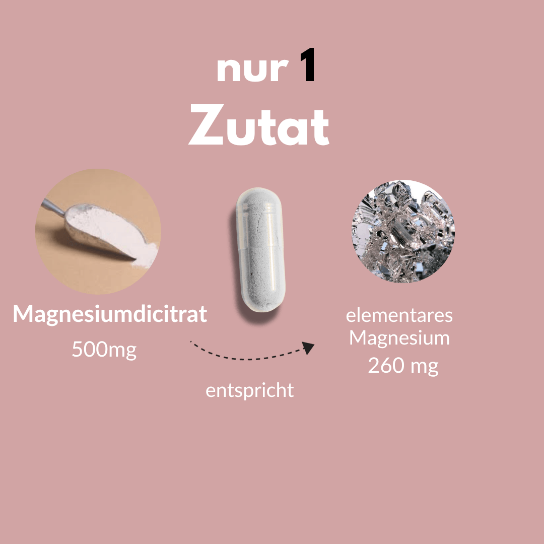 Magnesium Citrat Kapseln mit 500mg Magnesiumcitrat und 260mg elementarem Magnesium.