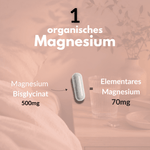 Magnesium Glycinat Kapseln mit 500mg Magnesium Bisglycinat und 70mg elementares Magnesium.