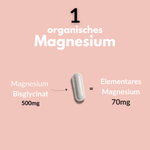 Magnesium Glycinat Kapseln zeigen 500mg Magnesium Bisglycinat und 70mg elementares Magnesium.