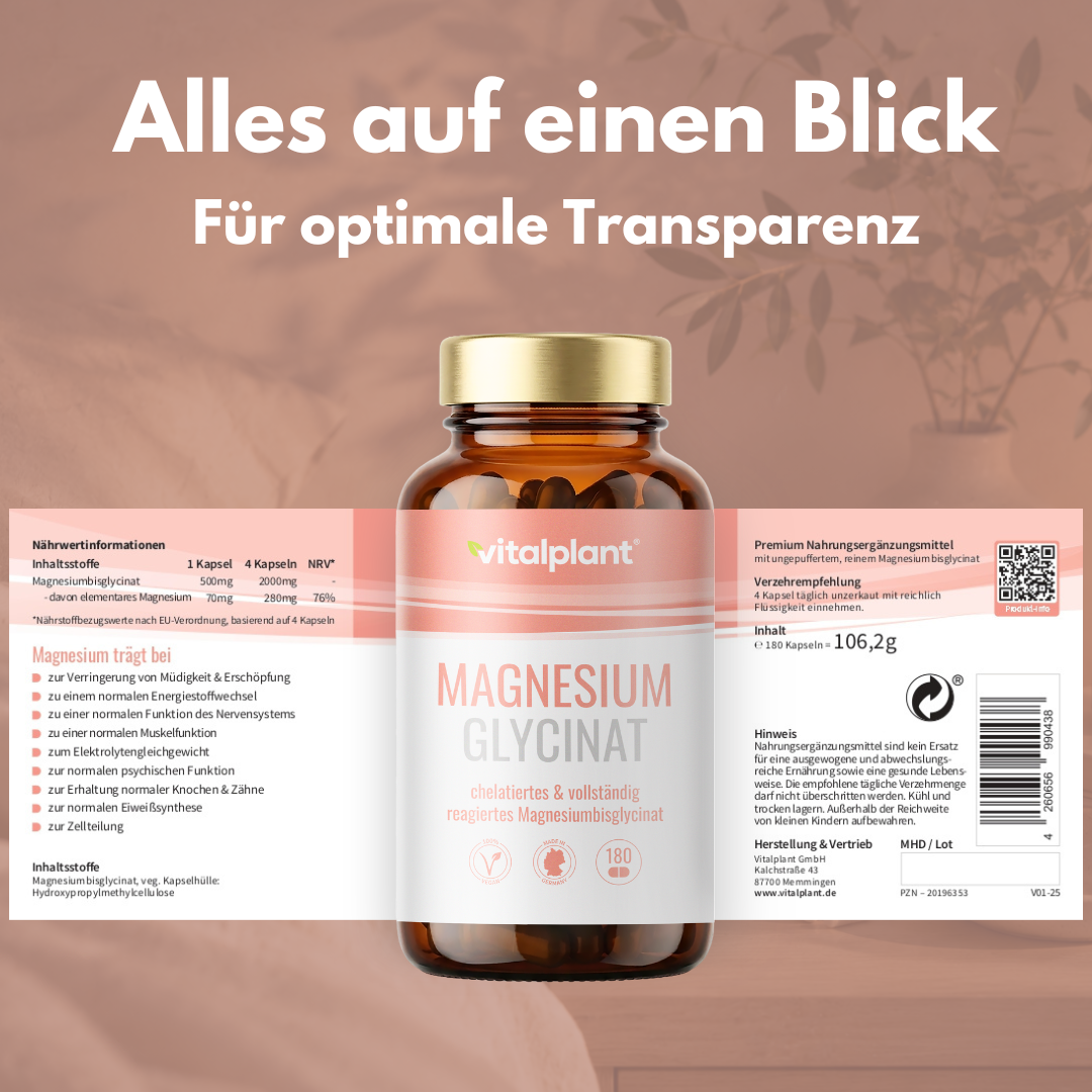 Aufgeklapptes Etikett der Magnesium Glycinat Kapseln mit Nährwertangaben