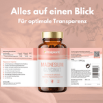 Flasche mit Magnesium Glycinat Kapseln, informative Verpackung, höchste Bioverfügbarkeit.