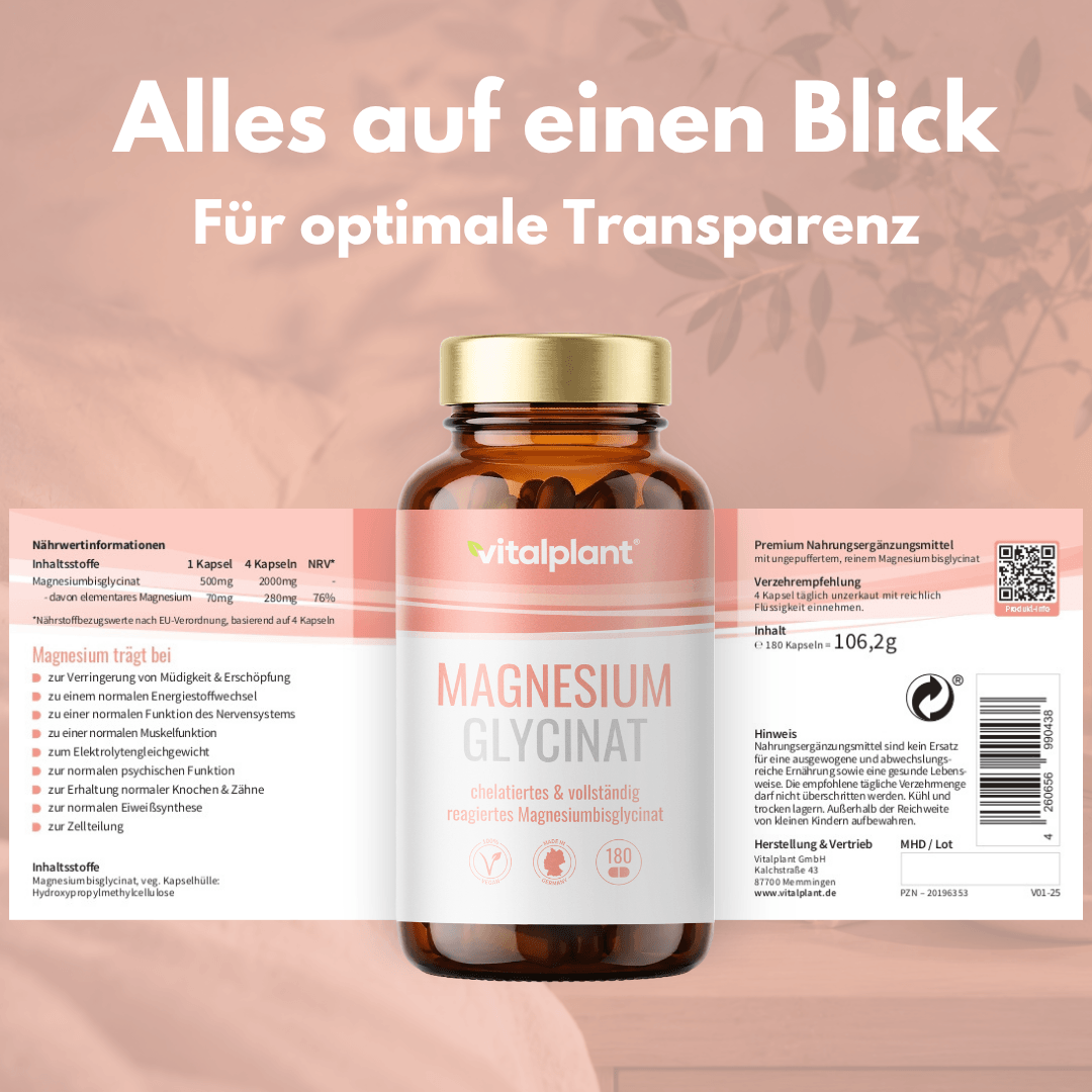 Flasche mit Magnesium Glycinat Kapseln, informative Verpackung, höchste Bioverfügbarkeit.