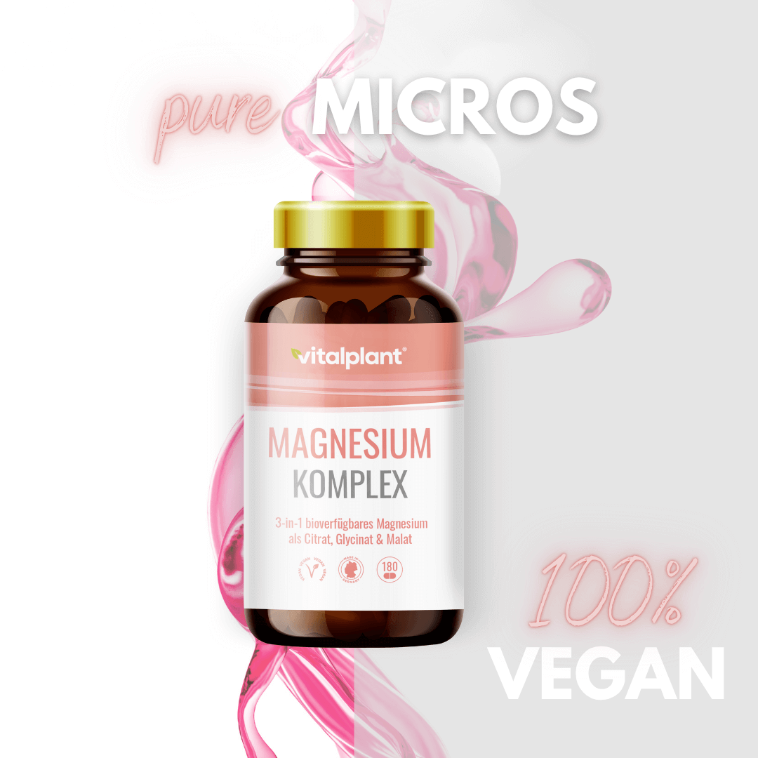 Flasche mit Magnesium Komplex von Vitalplant, 3-in-1 Formel, rein, vegan, unterstützt Muskelfunktion.