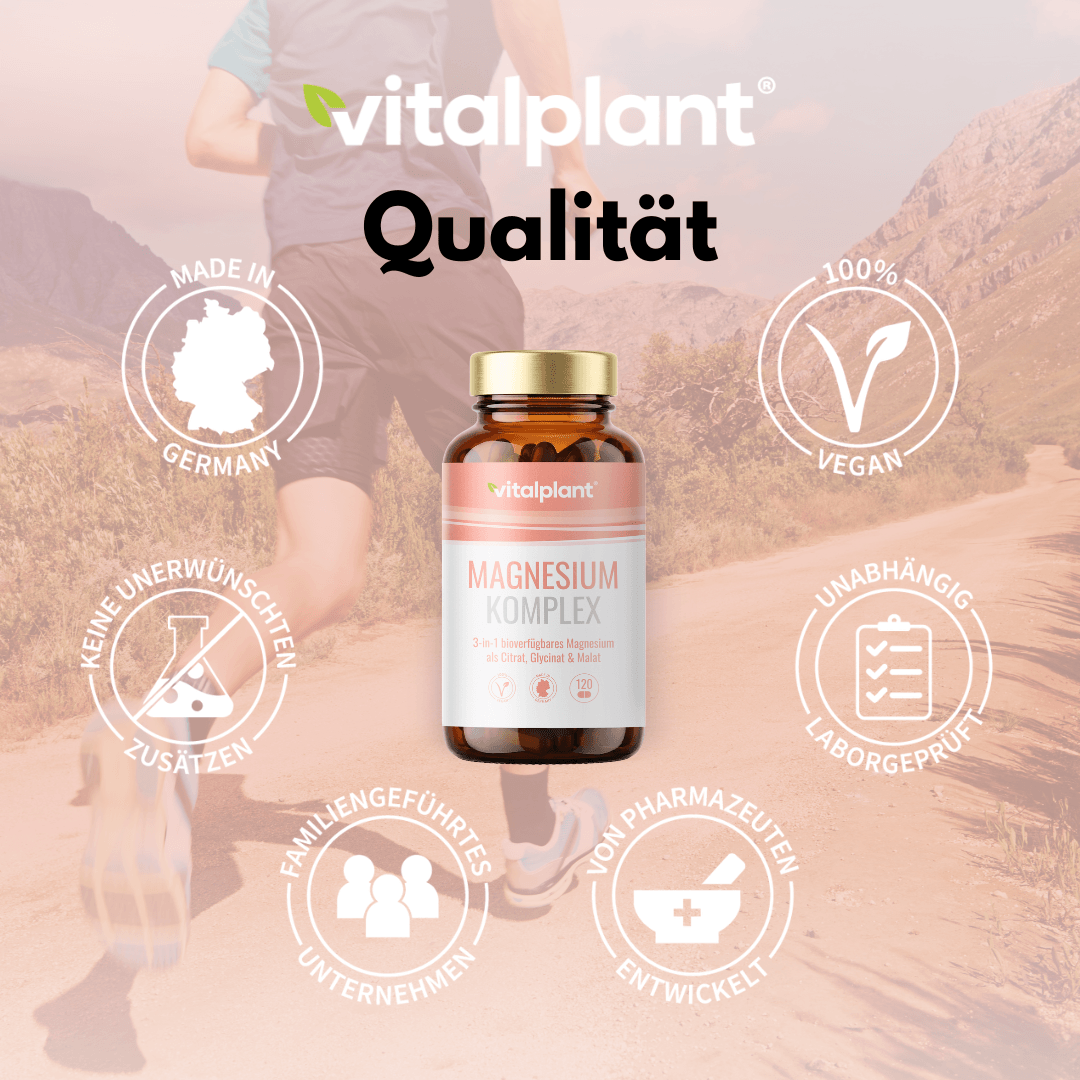vitalplant Magnesium Complex from nature, 3-in-1 formula for active people, quality and vegan.