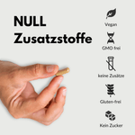 Magnesium Komplex Kapsel in Hand mit veganem und glutenfreiem Symbol, NULL Zusatzstoffe