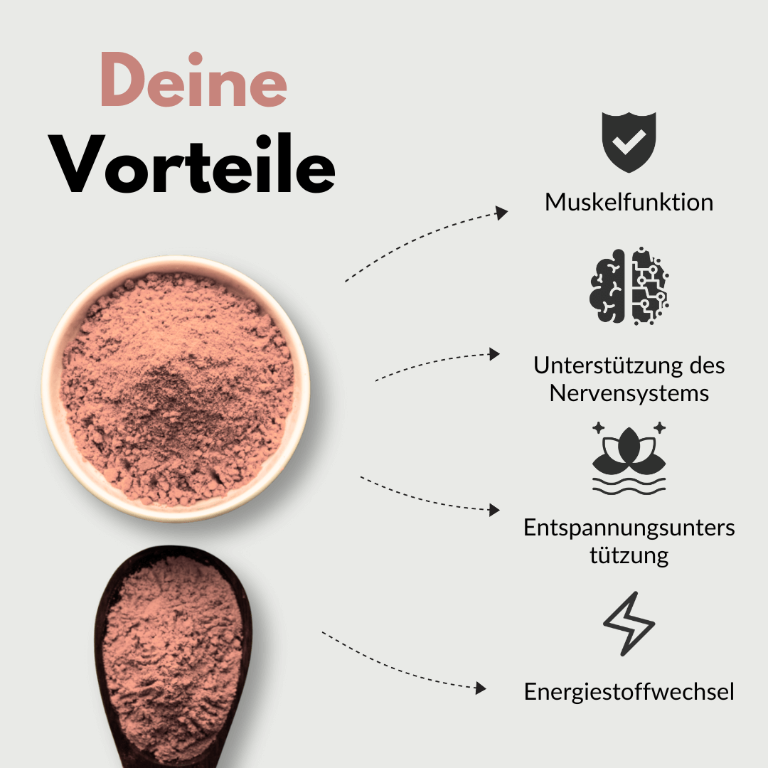 Vorteile von Magnesium Komplex: Muskelfunktion, Nervenunterstützung, Entspannung, Energiestoffwechsel.