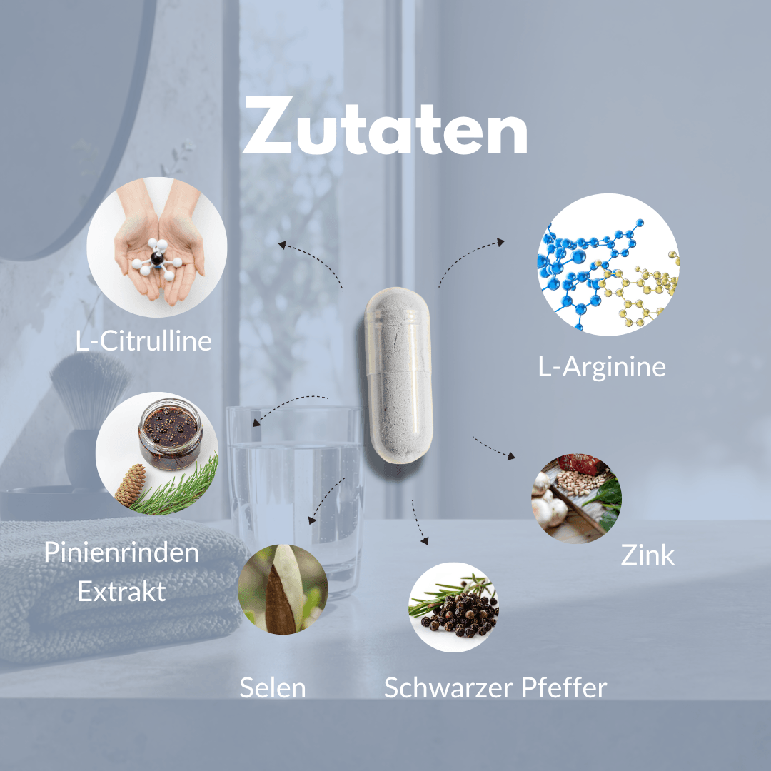 Männer Kapseln mit L-Arginin, L-Citrullin, Pinienrindenextrakt, Zink und Selen zur Steigerung der Vitalität