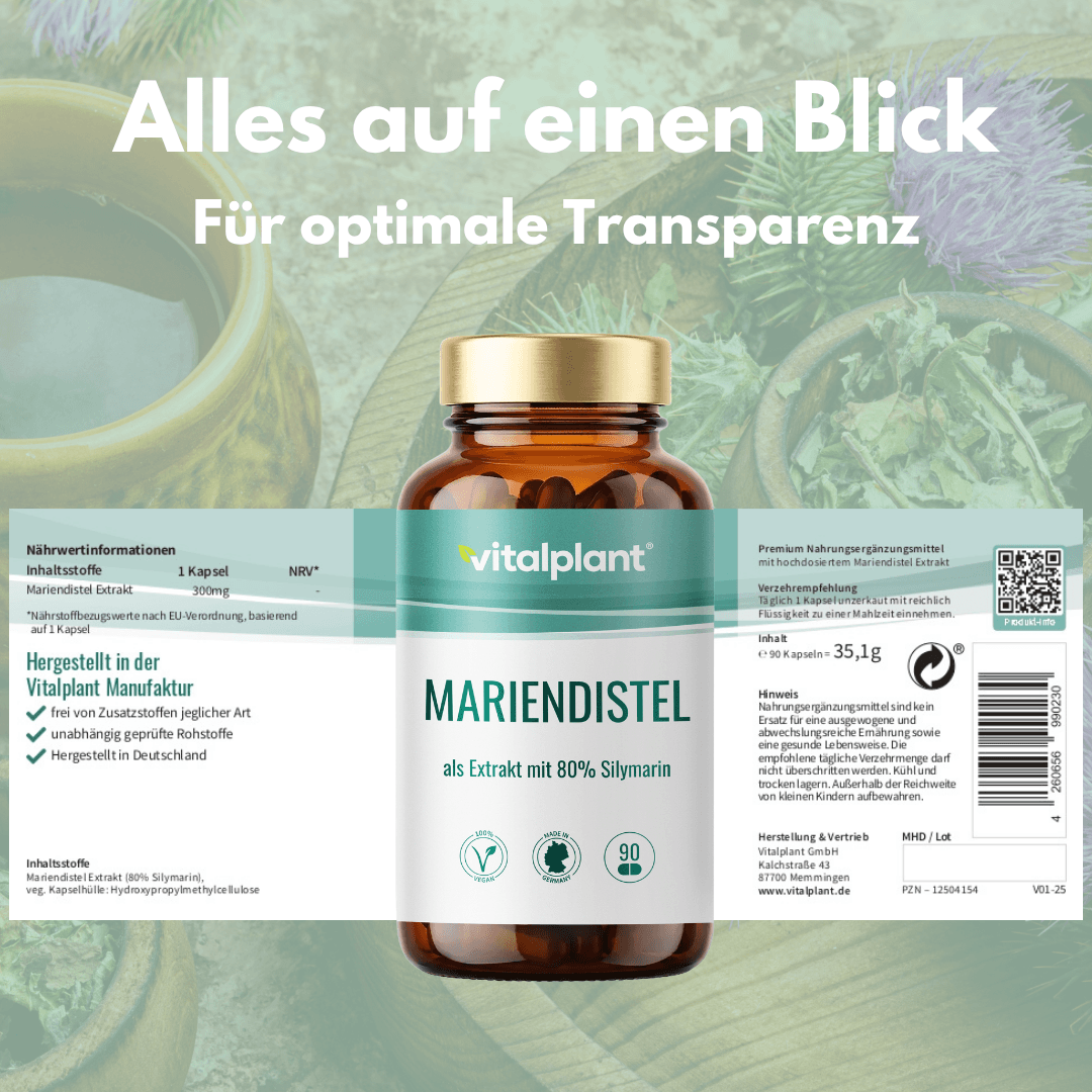 Milk thistle capsules with 80% silymarin for your well-being and optimal transparency.