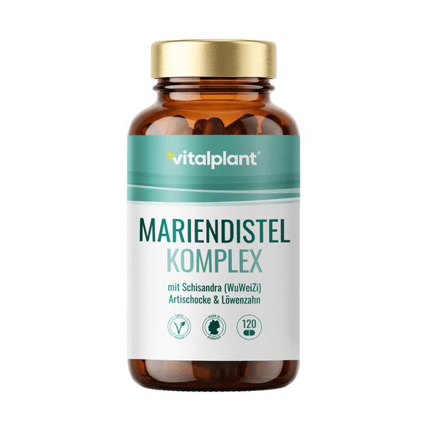 Mariendistel Komplex Kapseln von Vitalplant für natürliche Körperreinigung mit Schisandra, Artischocke und Löwenzahn.