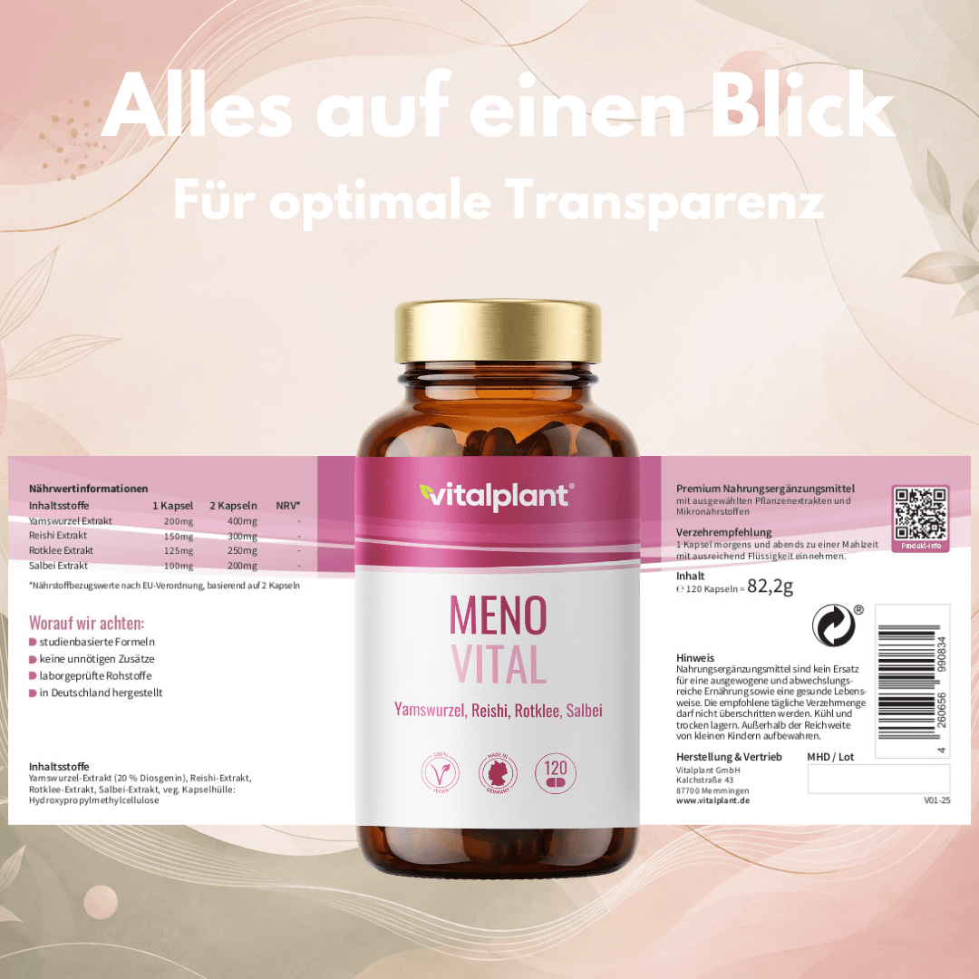 Meno Vital Kapseln von vitalplant mit Yamswurzel, Rotklee und Salbei für das Wohlbefinden der Frau.