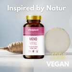 Meno Vital Kapseln für Wechseljahre in veganer Verpackung mit Yamswurzel und Rotklee.