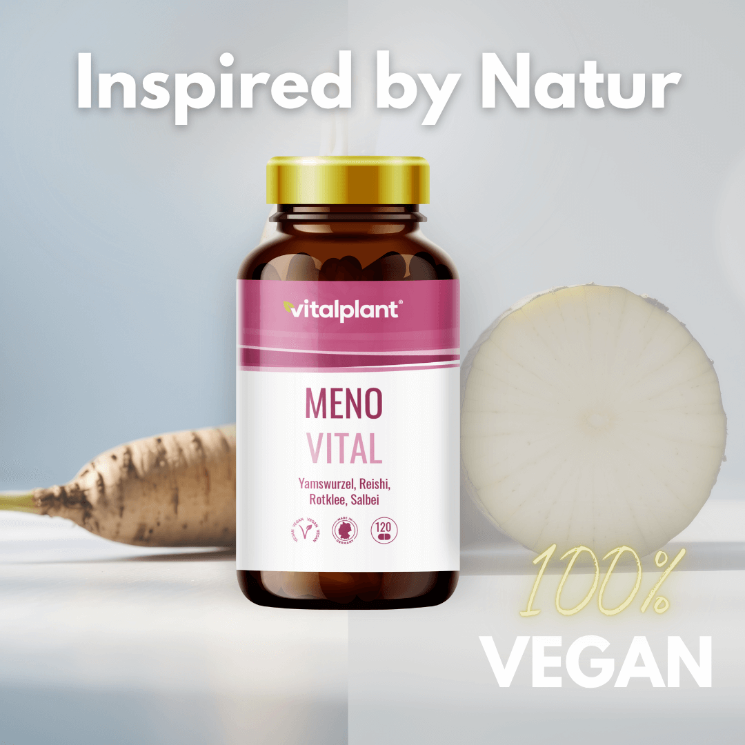Meno Vital Kapseln für Wechseljahre in veganer Verpackung mit Yamswurzel und Rotklee.