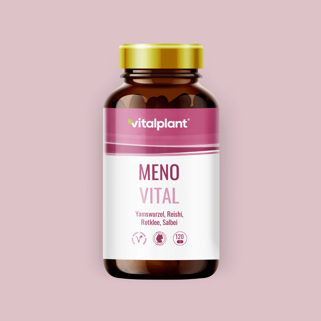 Meno Vital Kapseln für Wechseljahre im Fläschchen mit Yamswurzel, Reishi, Rotklee, Salbei.