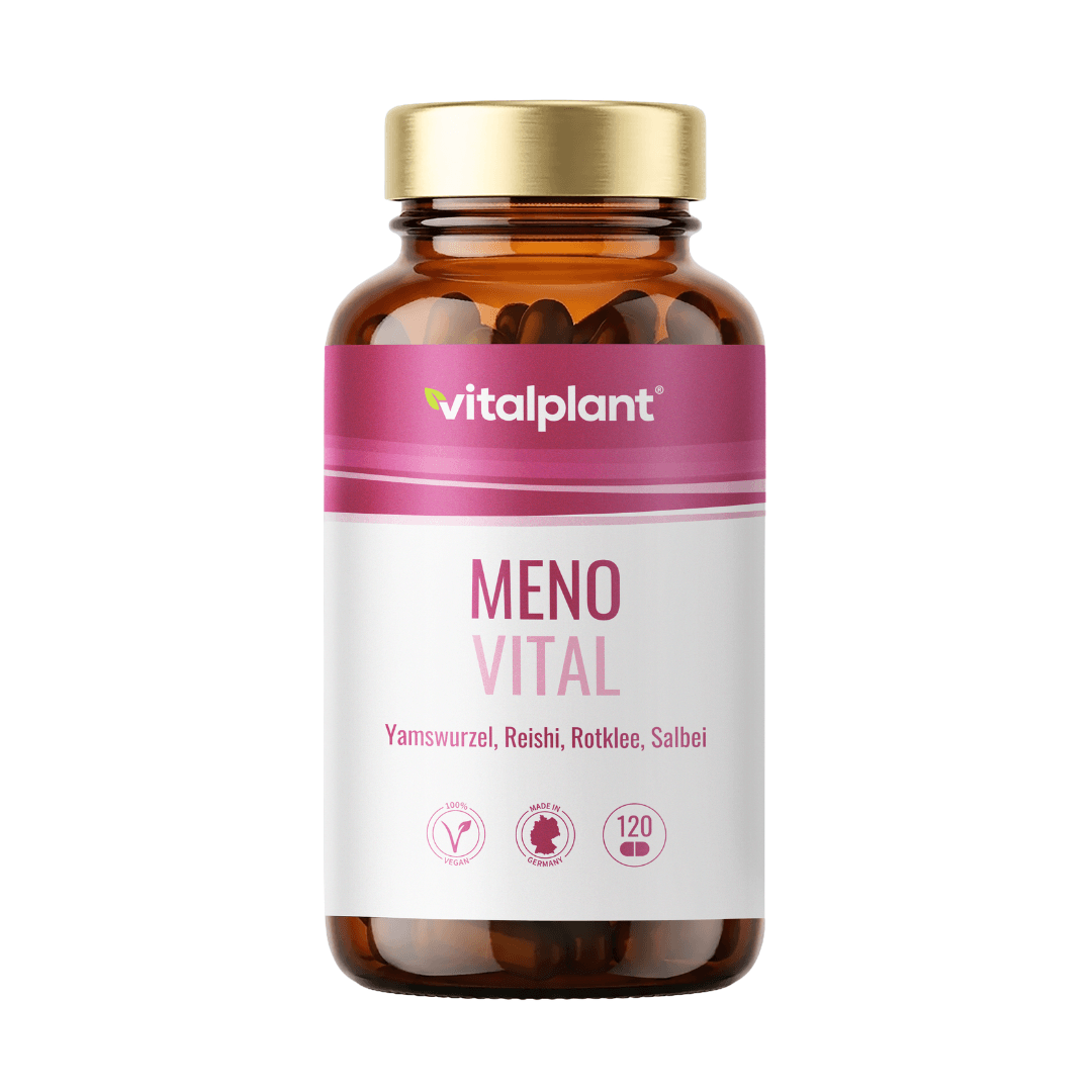 Meno Vital Kapseln von vitalplant, mit Yamswurzel, Reishi, Rotklee und Salbei für das Wohlbefinden der Frau.