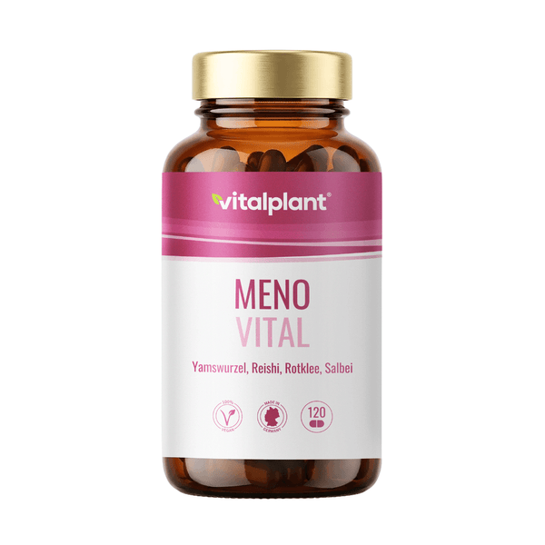 Meno Vital Kapseln von vitalplant, mit Yamswurzel, Reishi, Rotklee und Salbei für das Wohlbefinden der Frau.