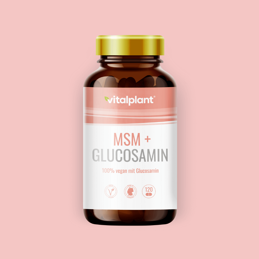 Flasche mit MSM & Glucosamin Kapseln, 100% vegan, 120 Kapseln, Gelenkunterstützung von Vitalplant.