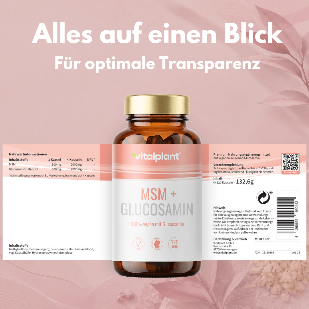 MSM & Glucosamin Kapseln von vitalplant für Gelenkgesundheit und Beweglichkeit.