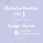 Nacht Ruhe Kapseln Anleitung für einfache Routine mit 1-2 Kapseln täglich und langer Vorrat von 90 Kapseln.
