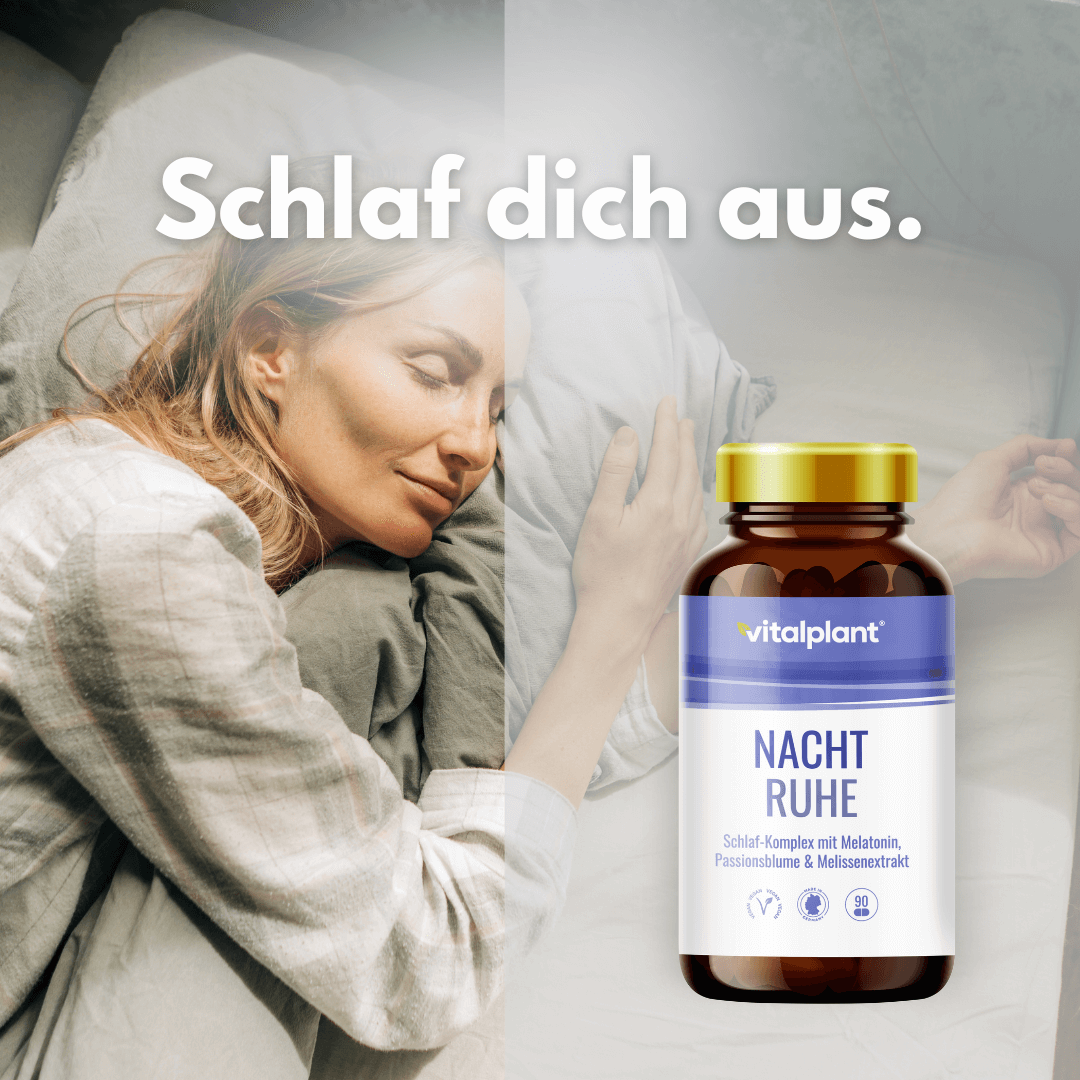 Produktbild der Nacht Ruhe Kapseln von vitalplant für entspannte Nächte und innere Ruhe.