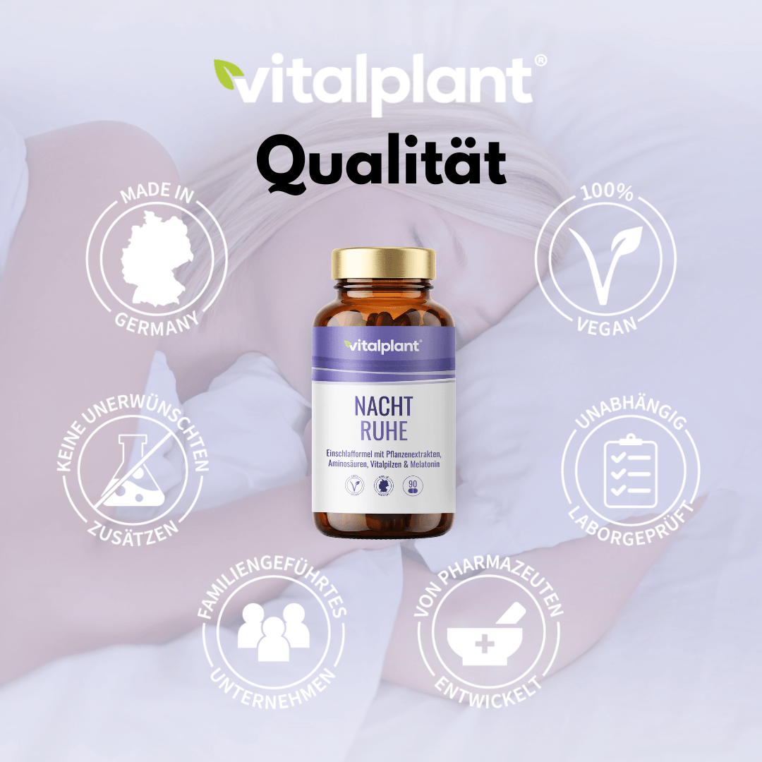 Nacht Ruhe Kapseln von Vitalplant für entspannte Nächte und innere Ruhe in Deutschland hergestellt.