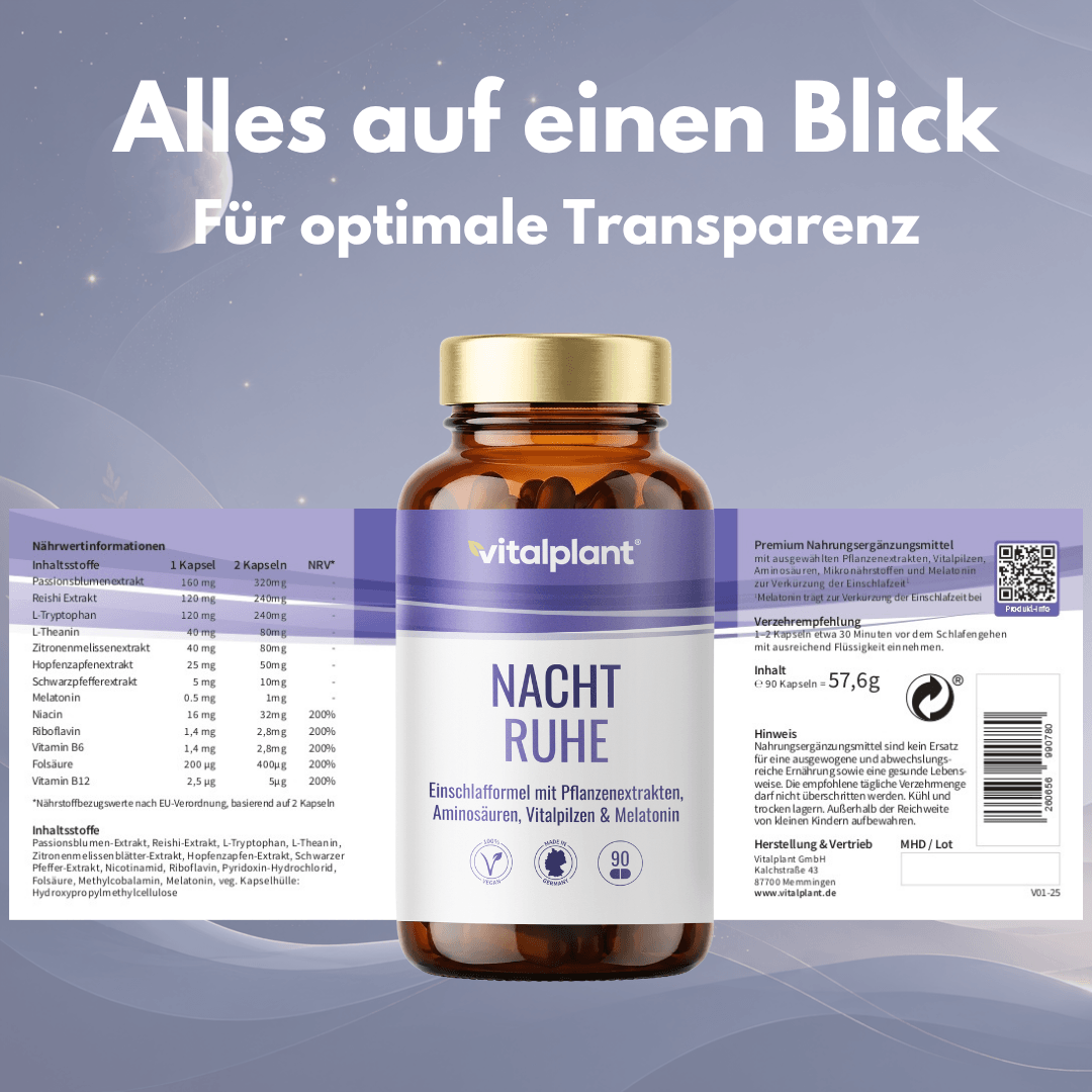 Nacht Ruhe Kapseln von vitalplant für entspannte Nächte und innere Ruhe, Zutatenübersicht auf dem Etikett.