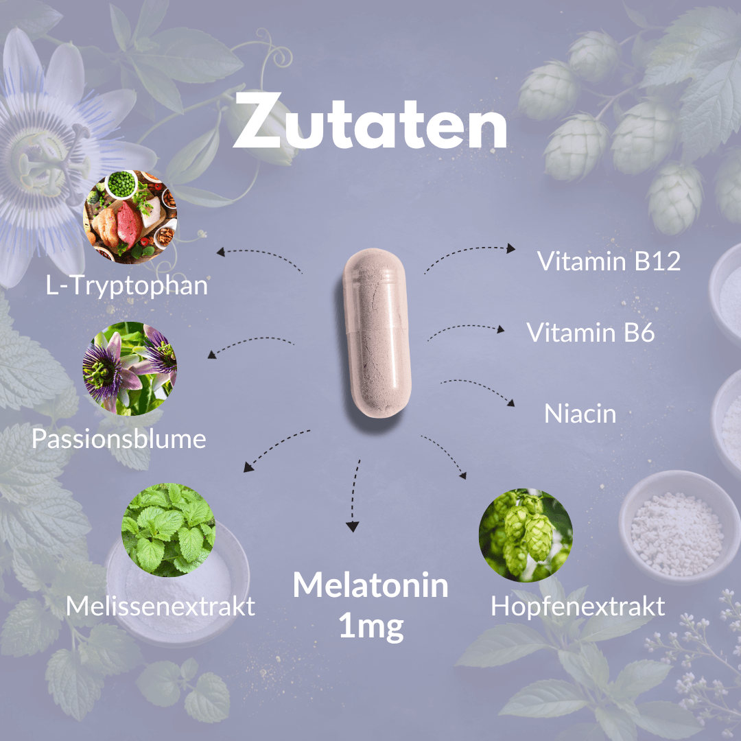 Nacht Ruhe Zutaten wie L-Tryptophan, Passionsblume und Melatonin für entspannte Nächte.