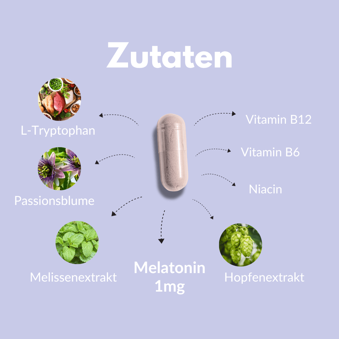 Zutaten von Nacht Ruhe Kapseln mit L-Tryptophan, Melatonin, Passionsblume, Melissenextrakt und Hopfenextrakt.