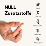 Zink + C Kapseln in der Hand mit Symbolen für Zusatzstoffe wie vegan, GMO-frei, glutenfrei und ohne Zucker.