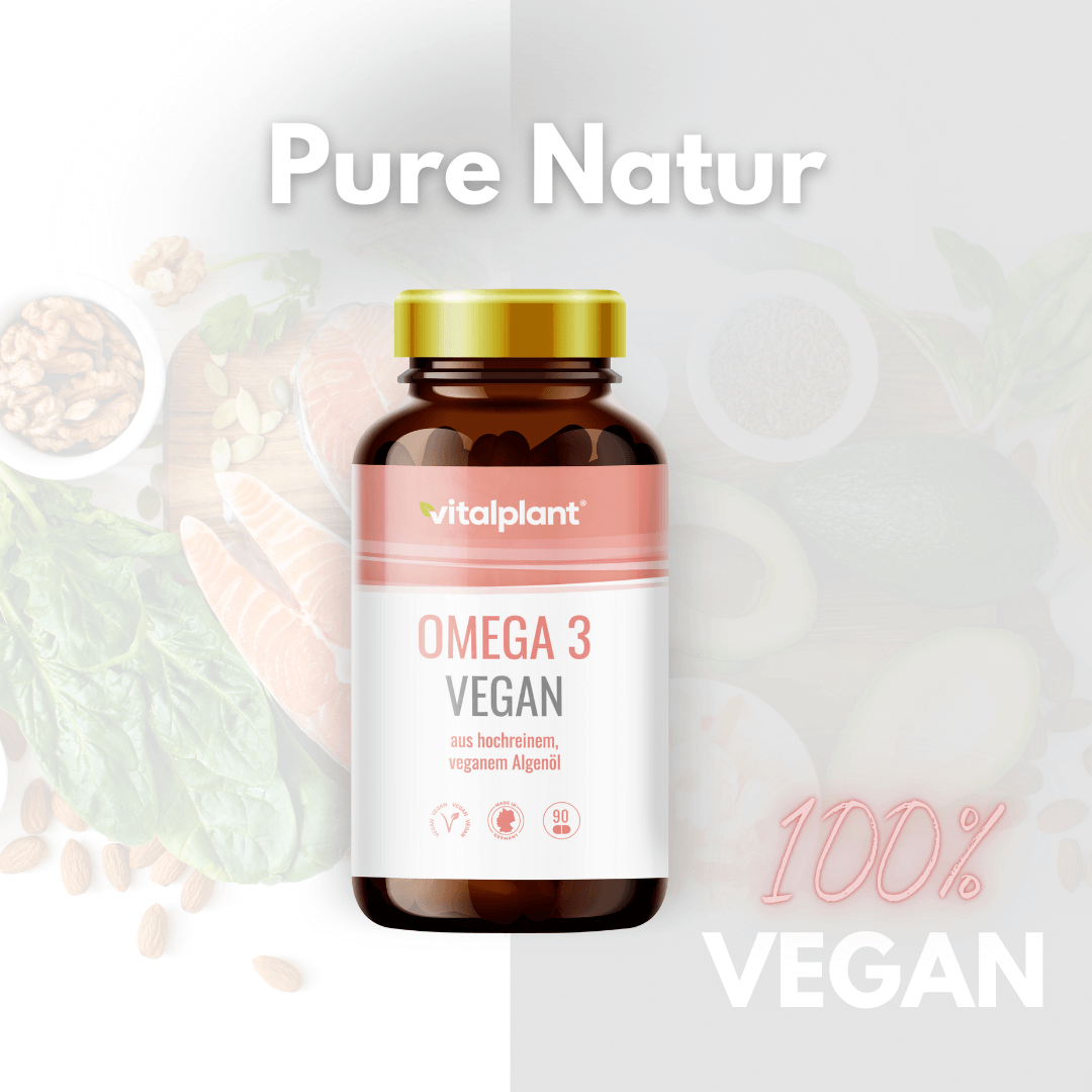 Omega 3 Vegan Algenöl Kapseln von vitalplant mit pflanzlicher Kraft für gesunde Fettsäuren.