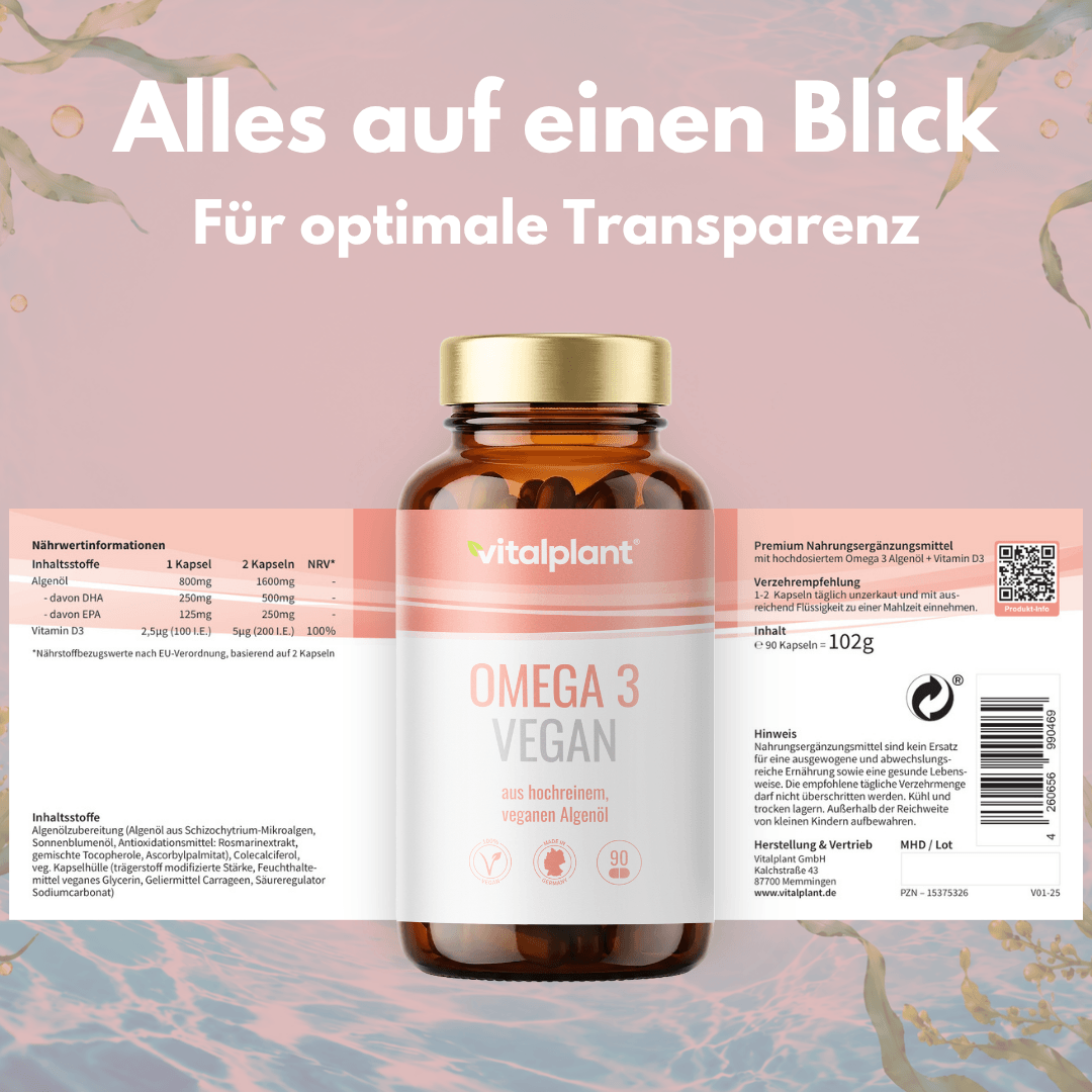 Omega 3 Vegan Kapseln von Vitalplant mit Nährwertinformationen und hochwertigen Zutaten.