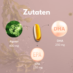 Omega 3 Vegan Algenöl Kapseln mit 800 mg Algenöl, 250 mg DHA und 125 mg EPA pro Kapsel.
