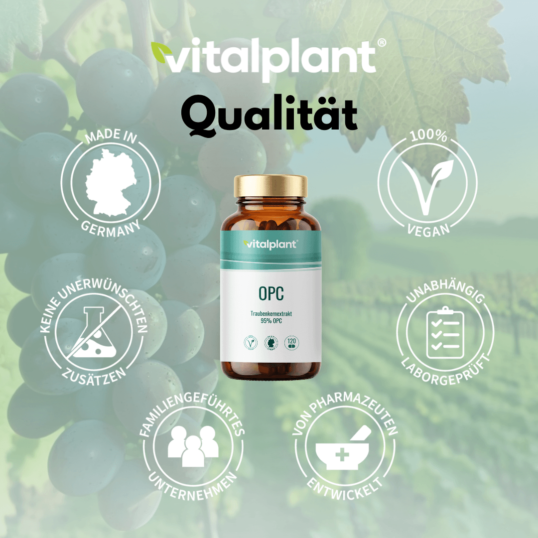 vitalplant OPC Kapseln mit Traubenkernextrakt in deutscher Natur, Qualität und Herkunftstabellen