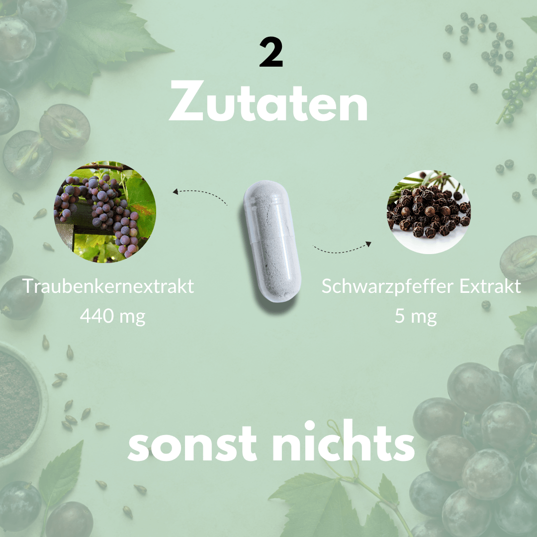 OPC Kapseln mit Traubenkernextrakt und Schwarzpfeffer Extrakt für antioxidative Power.
